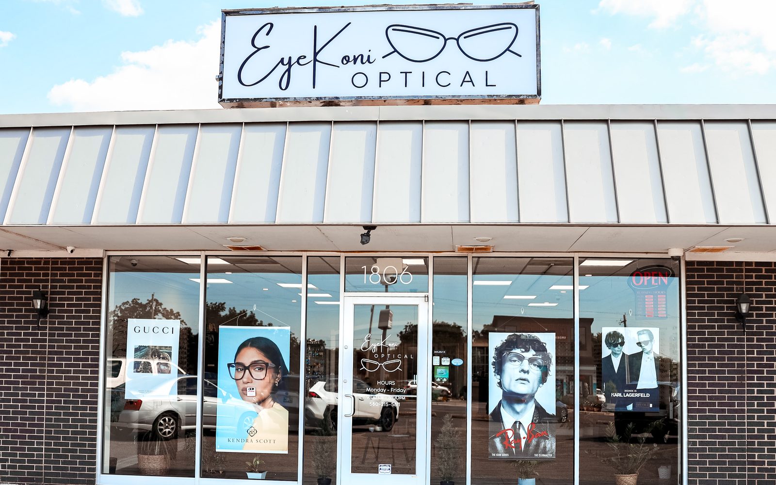 The Eye Koni Optical storefront at 1806 W Gore Blvd in Lawton, OK — signature signage and window displays of Gucci, Kendra Scott, and Karl Lagerfeld