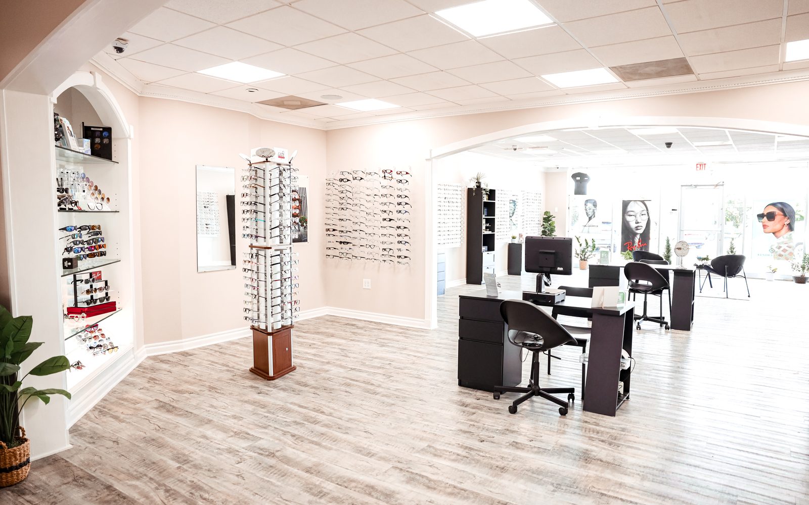 Inside the Eye Koni Optical showroom showing the dispensing area and walls of designer frames