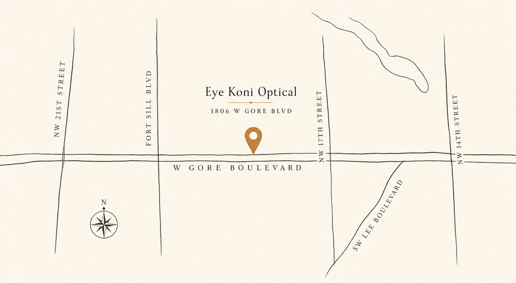 Illustrated map showing Eye Koni Optical on West Gore Boulevard in Lawton, Oklahoma
